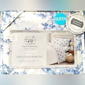 Shabby Chic Rachel Ashwell Farmhouse QUEEN 100% Cotton Sheet Set Blue Floral